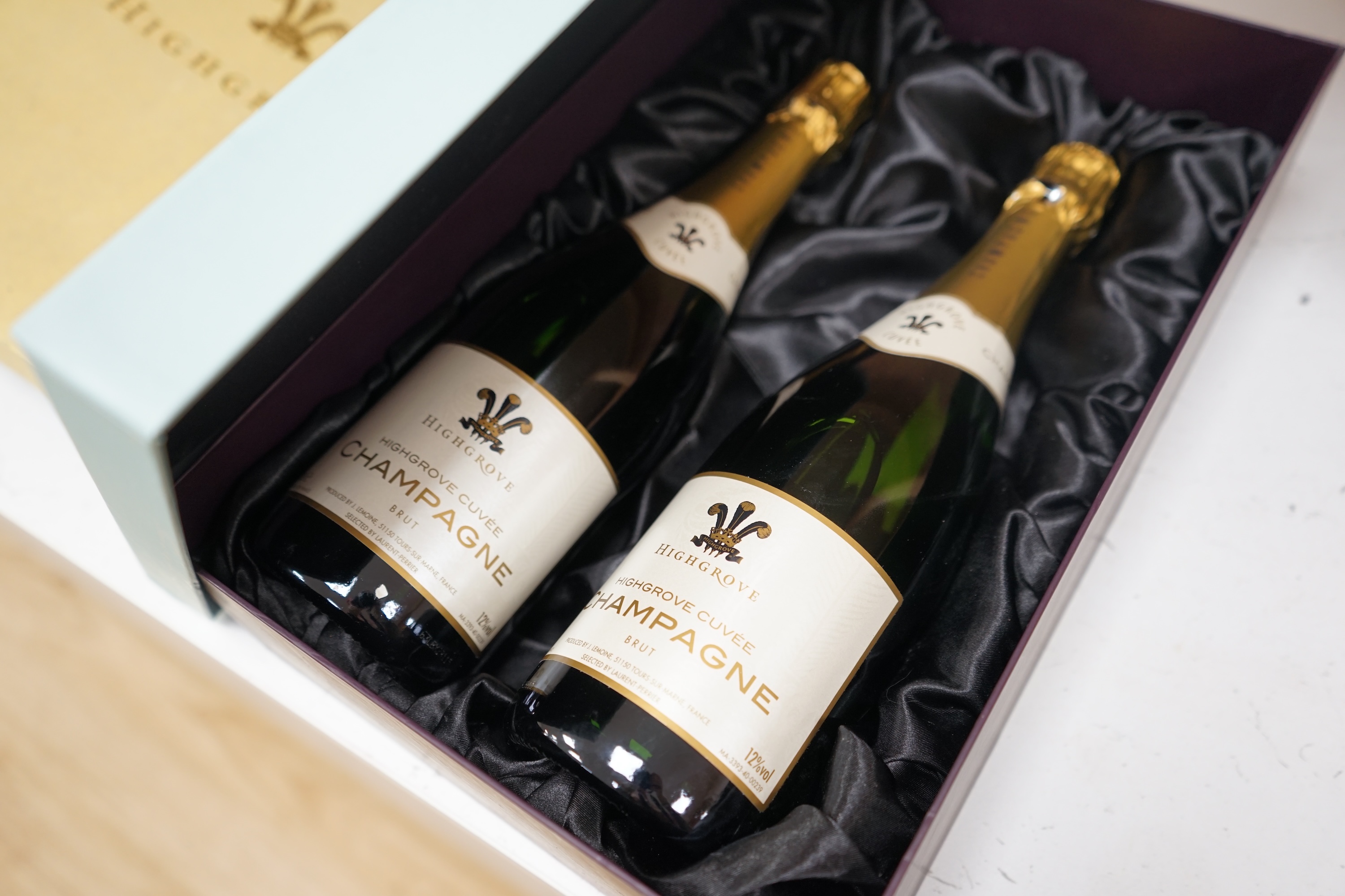 Two bottles of Highgrove champagne, boxed. Condition - good, storage history unknown